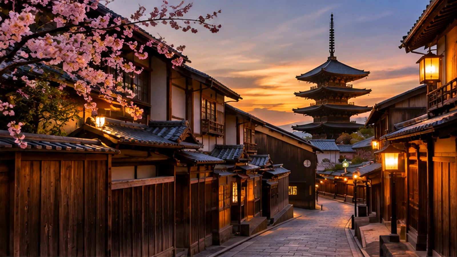 Jalan tradisional Kyoto saat matahari terbenam dengan pagoda